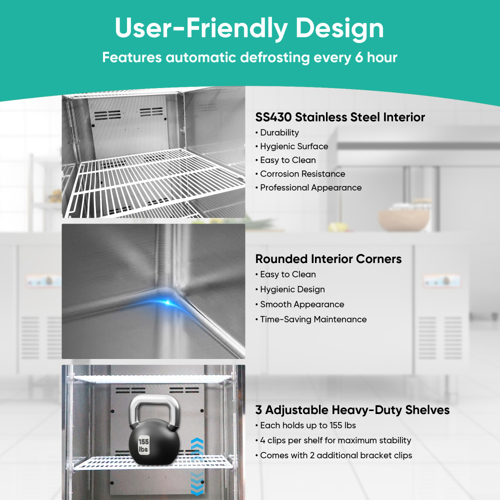 54"Commercial Freezer, 49 Cu.Ft Four-Door Stainless Steel Reach-In Freezer, -8~0℉, Air Cooling, 6 Shelves, R290
