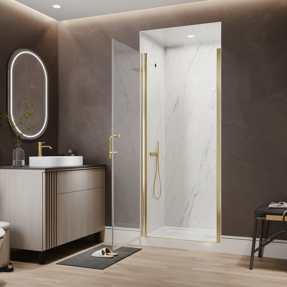 Xspracer 32 to 34 in. W x 72 in. H Pivot Swing Frameless Shower Door in Brushed Gold with Clear Glass