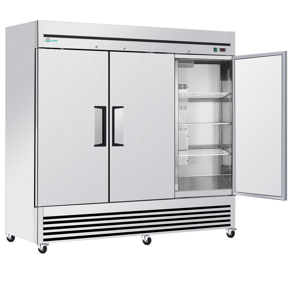 72" Cu Ft Commercial Reach-In Freezer, 3 Solid Door Stainless Steel Upright, -8–0°F Deep Freeze, 9 Heavy-Duty Shelves, R290, 110V