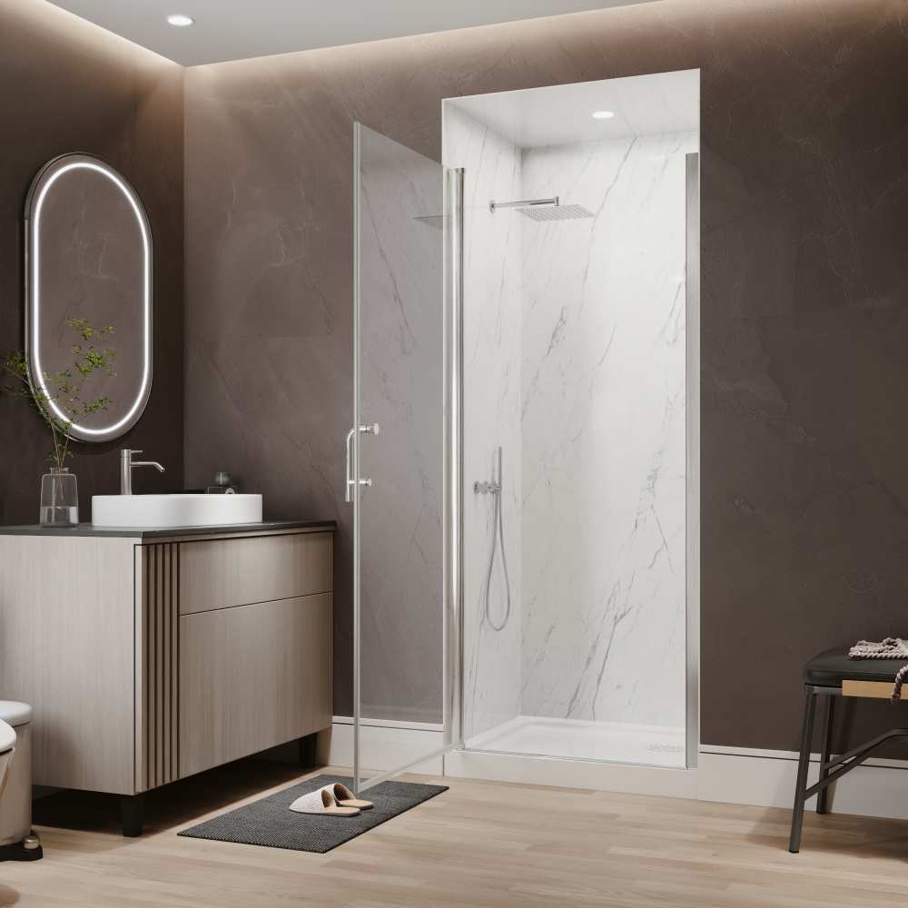 Xspracer 32 to 34 in. W x 72 in. H Pivot Swing Frameless Shower Door in Brushed Nickel with Clear Glass