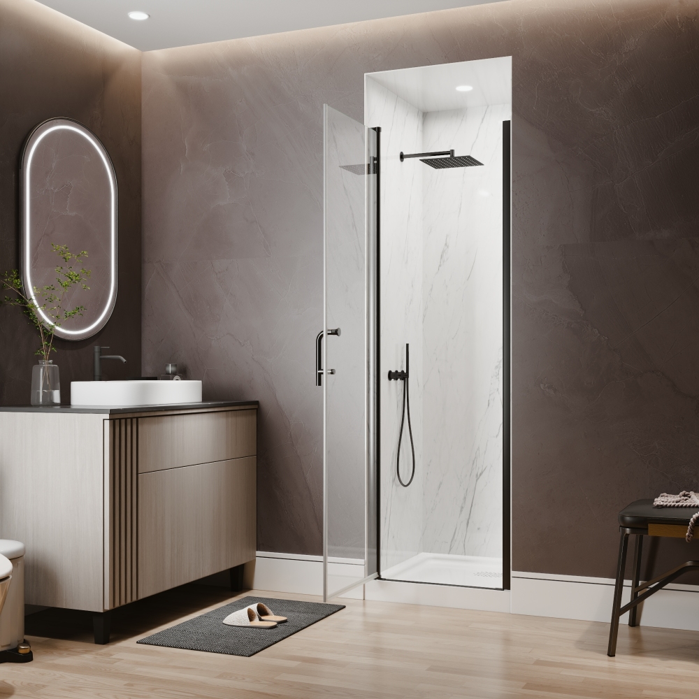Xspracer 24 to 26 in. W x 72 in. H Pivot Swing Frameless Shower Door in Matte Black with Clear Glass