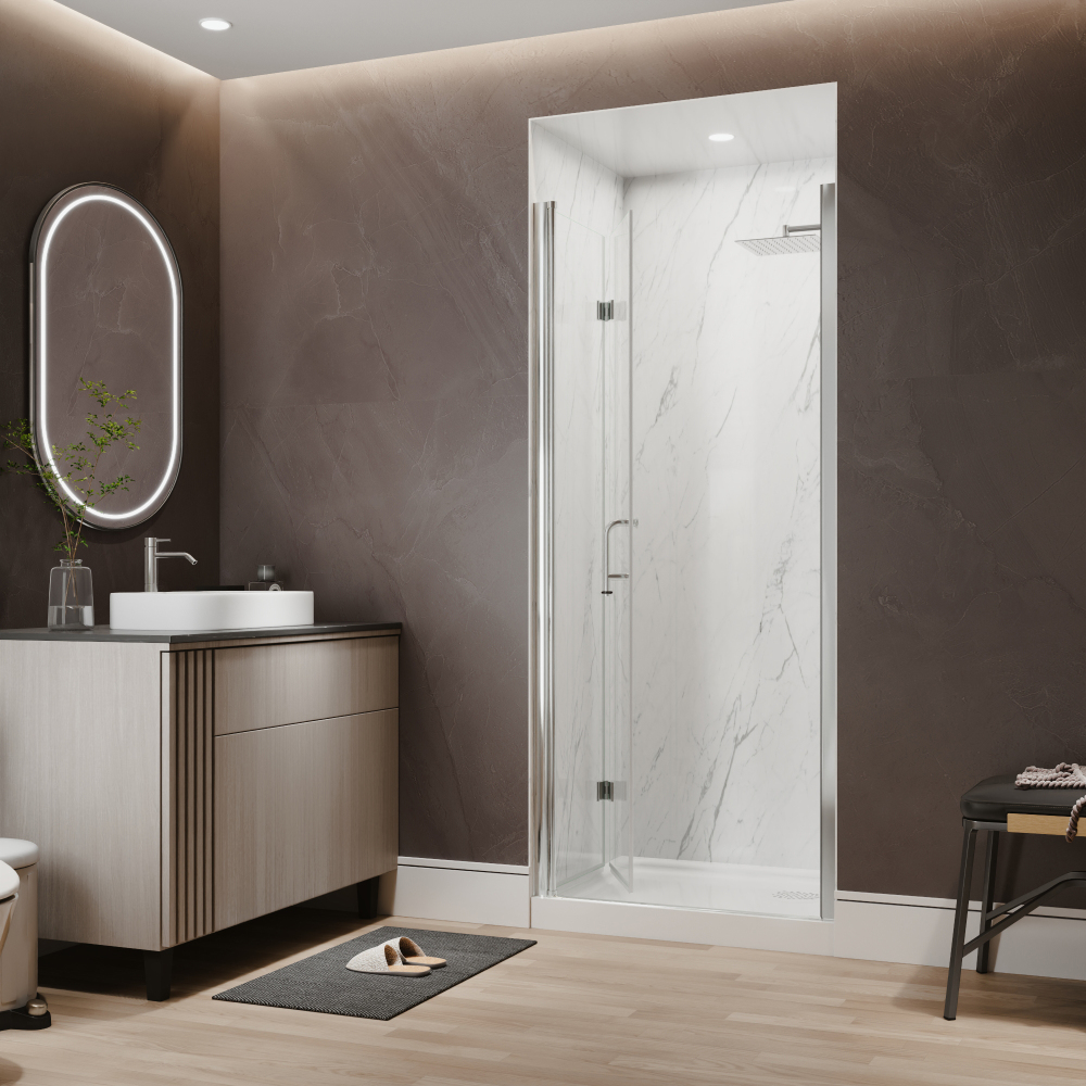 Xspracer 32 to 34 in. W x 72 in. H Bi-Fold Frameless Shower Door in Chrome with Clear Glass