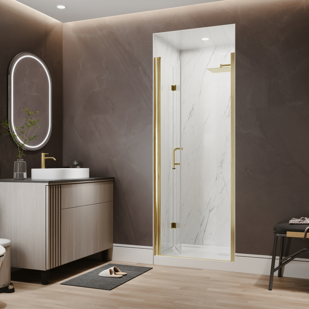 Xspracer 30 to 32 in. W x 72 in. H Bi-Fold Frameless Shower Door in Brushed Gold with Clear Glass