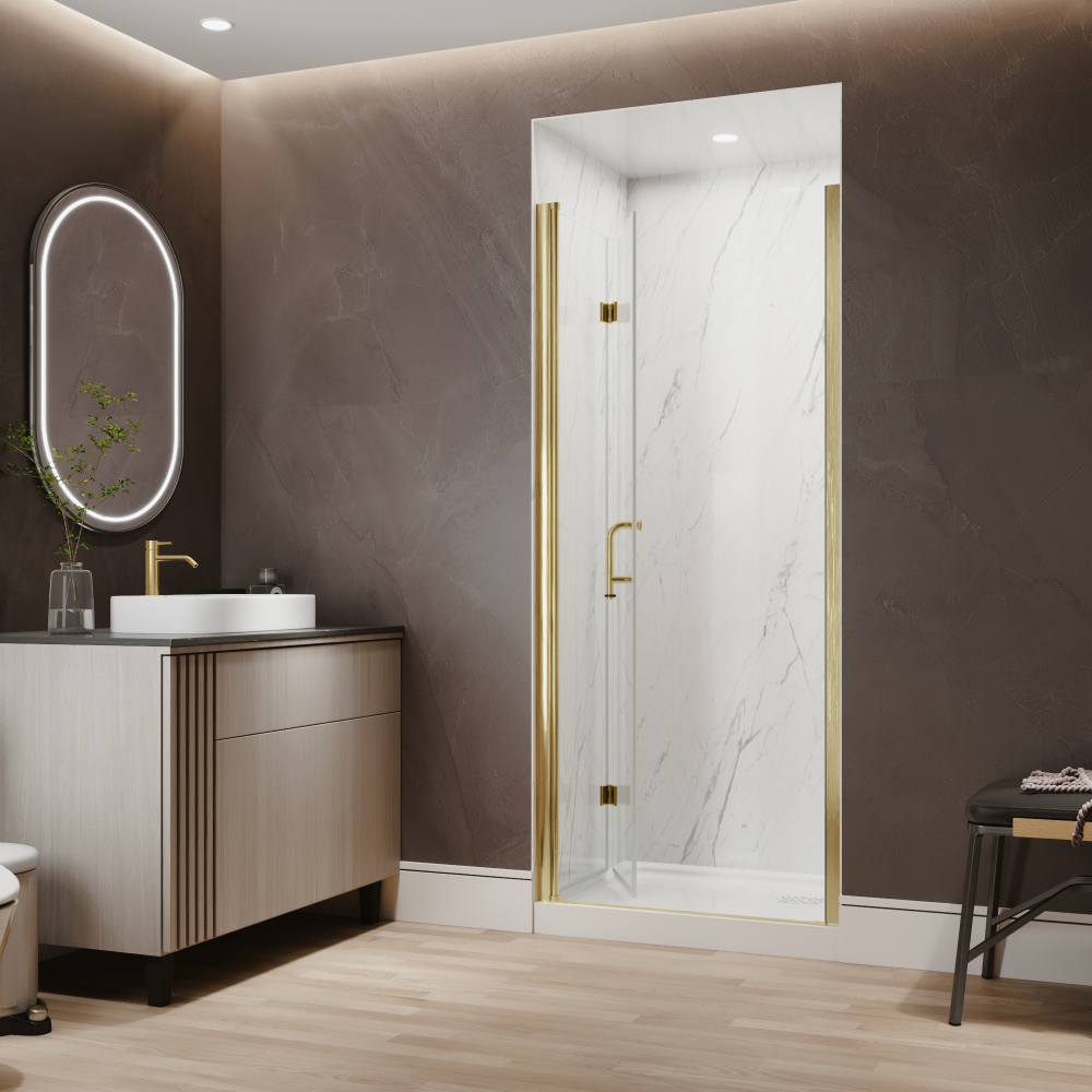 Xspracer 32 to 34 in. W x 72 in. H Bi-Fold Frameless Shower Door in Brushed Gold with Clear Glass