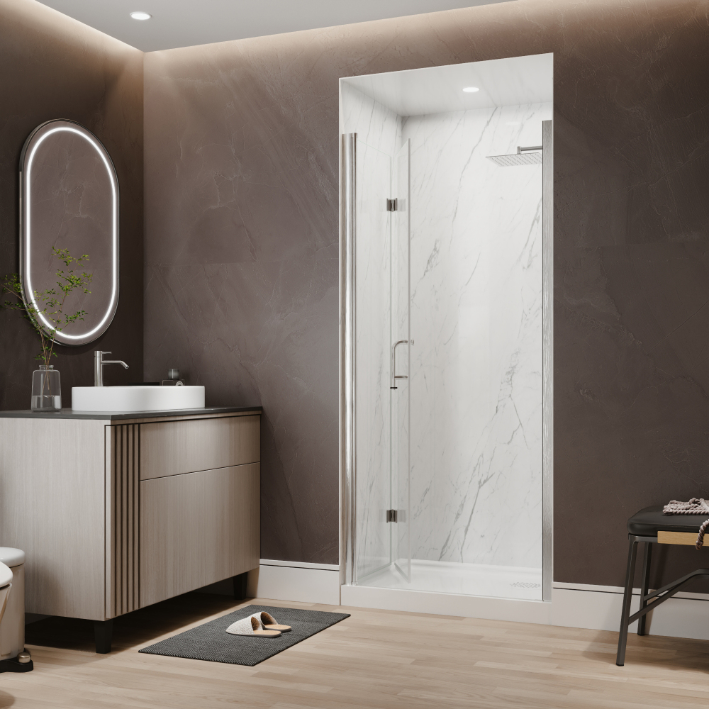 Xspracer 34 to 36 in. W x 72 in. H Bi-Fold Frameless Shower Door in Brushed Nickel with Clear Glass