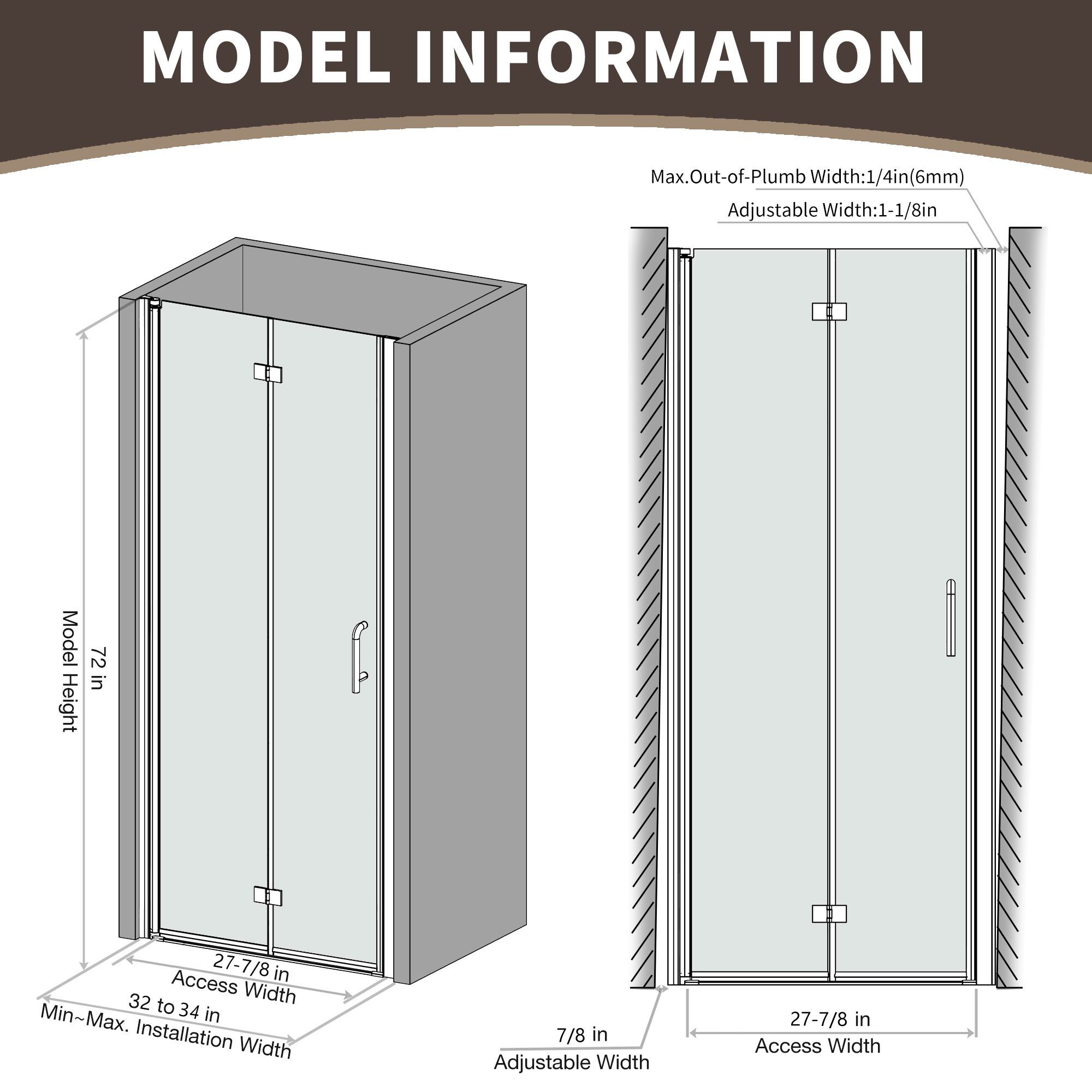 Xspracer 32 to 34 in. W x 72 in. H Bi-Fold Frameless Shower Door in Brushed Nickel with Clear Glass