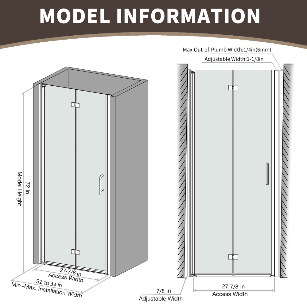 Xspracer 32 to 34 in. W x 72 in. H Bi-Fold Frameless Shower Door in Brushed Nickel with Clear Glass
