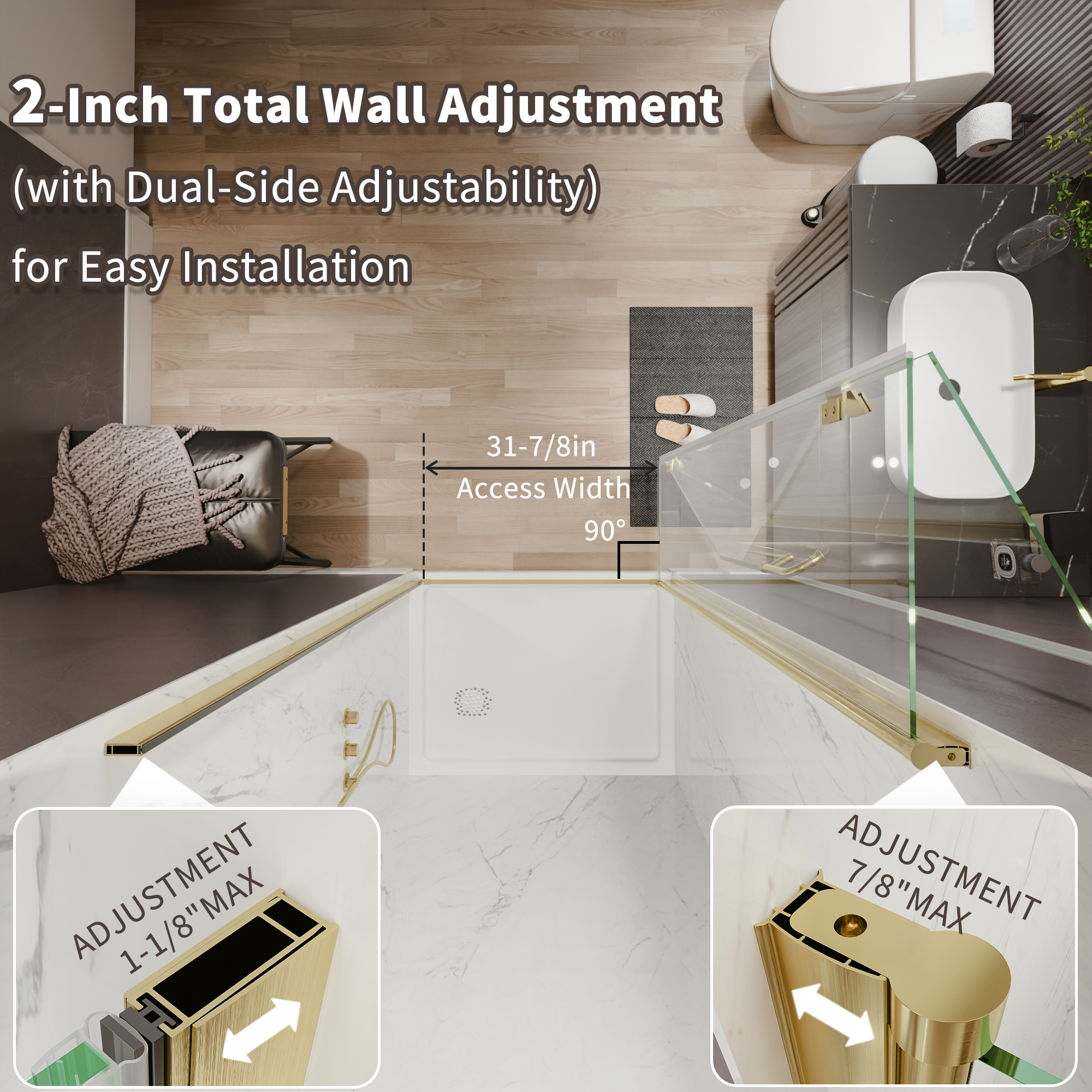 Xspracer 36 to 38 in. W x 72 in. H Bi-Fold Frameless Shower Door in Brushed Gold with Clear Glass
