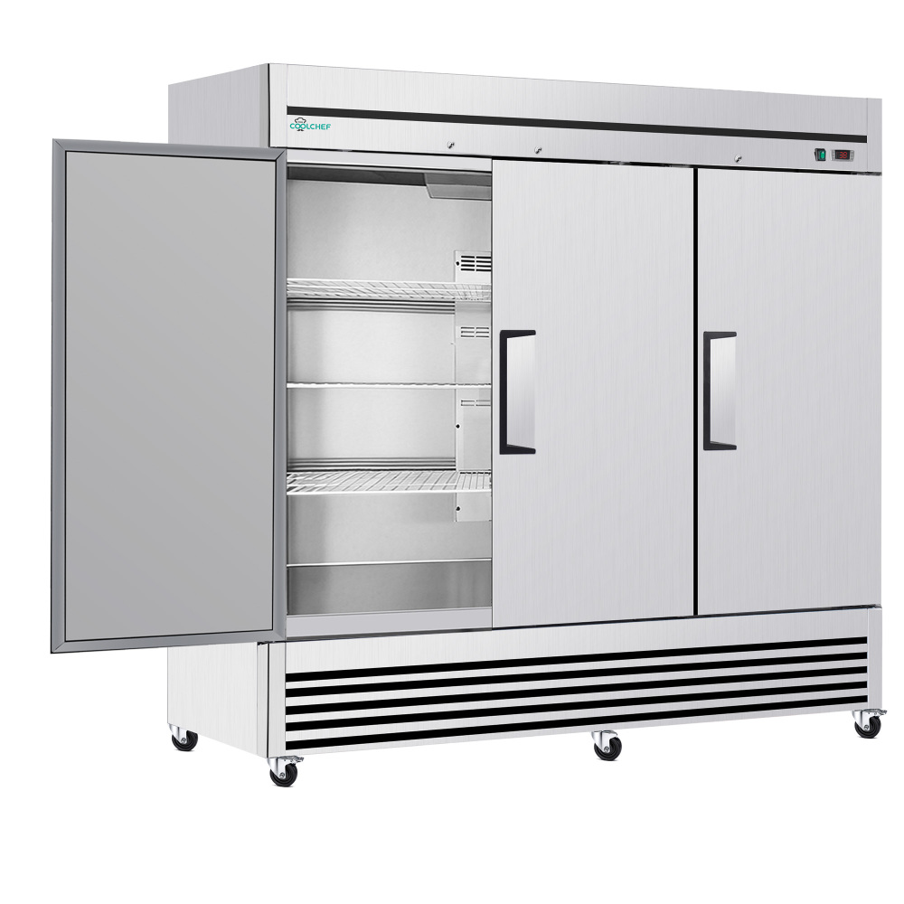 72" Cu Ft Commercial Reach-In Refrigerator, 3 Solid Door Stainless Steel Upright Cooler, 33–40°F Digital Thermostat, 9 Shelves, R290, 110V