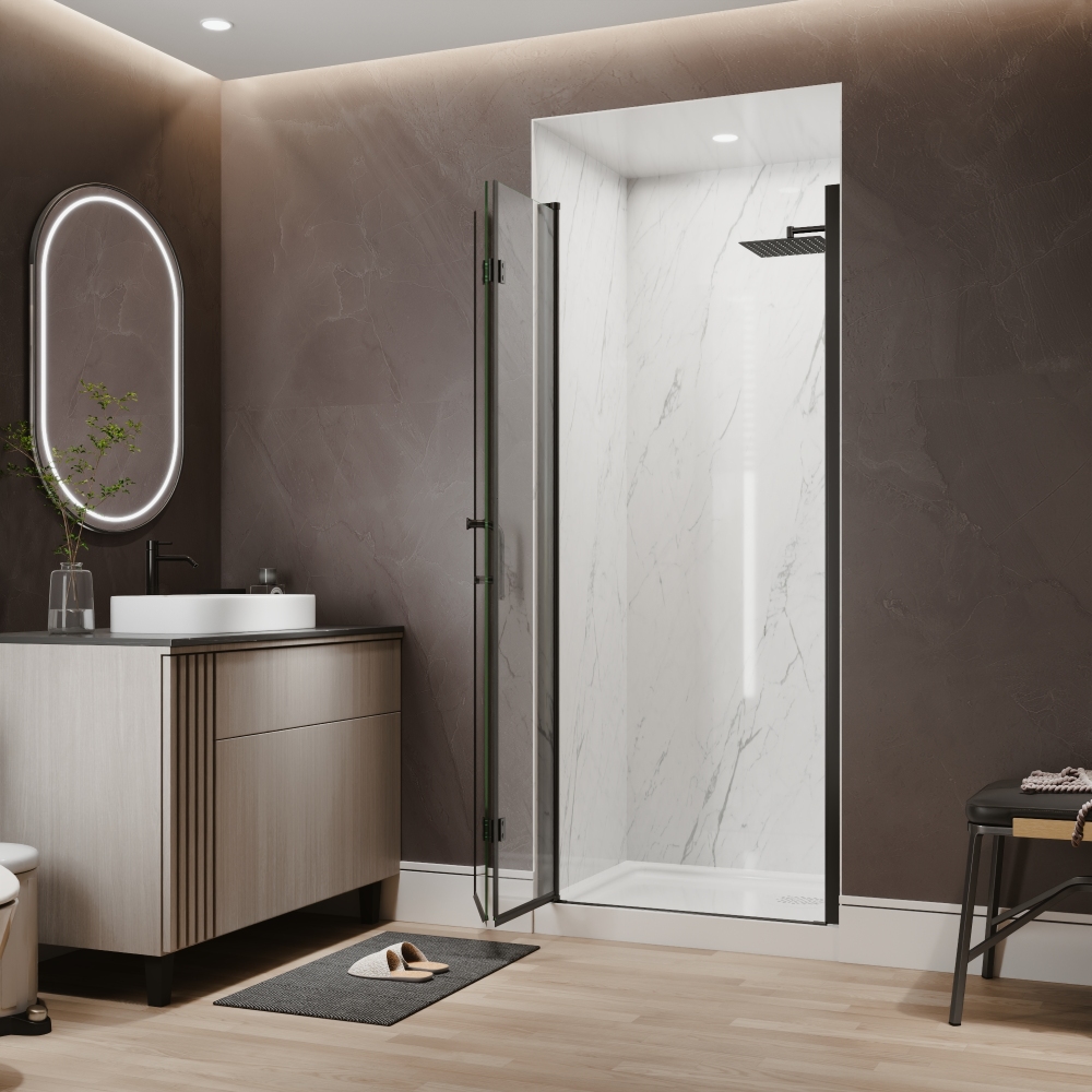Xspracer 32 to 34 in. W x 72 in. H Bi-Fold Frameless Shower Door in Matte Black with Clear Glass
