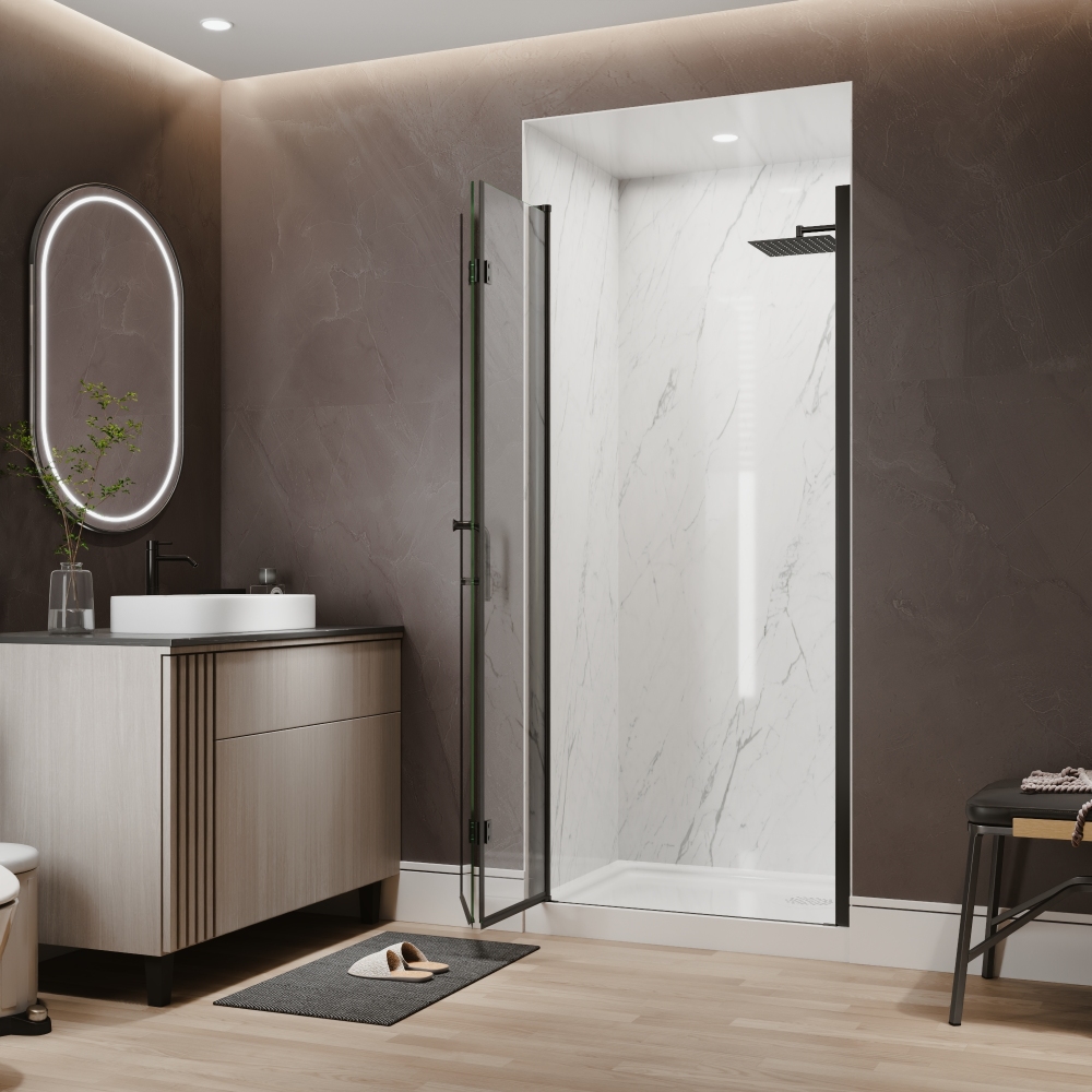 Xspracer 34 to 36 in. W x 72 in. H Bi-Fold Frameless Shower Door in Matte Black with Clear Glass
