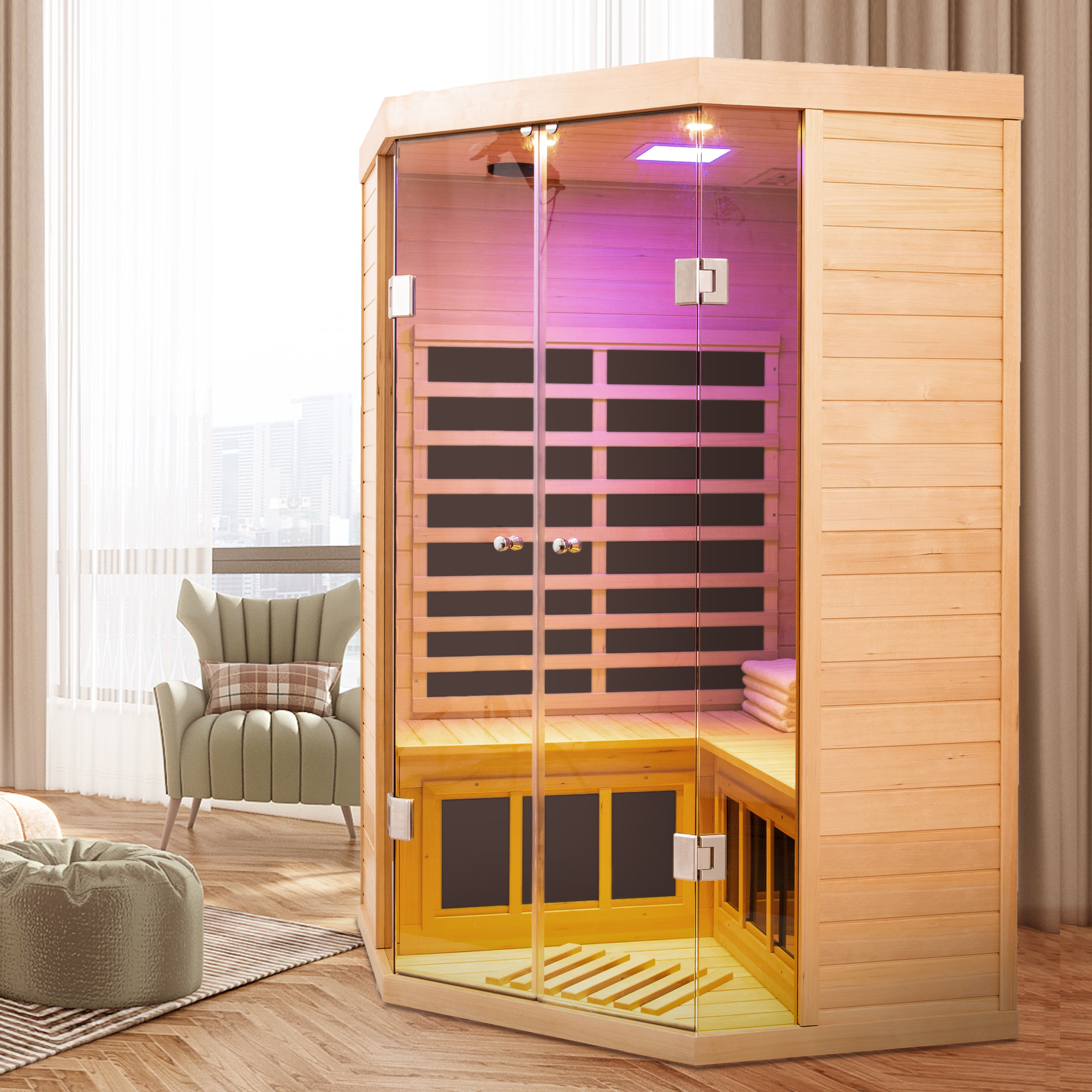 Moray 2-Person Indoor Hemlock Deluxe Transparent Infrared Sauna with 7 Far-Infrared Carbon Crystal Heaters