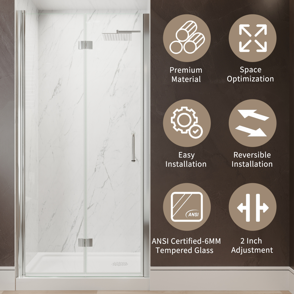 Xspracer 36 to 38 in. W x 72 in. H Bi-Fold Frameless Shower Door in Chrome with Clear Glass