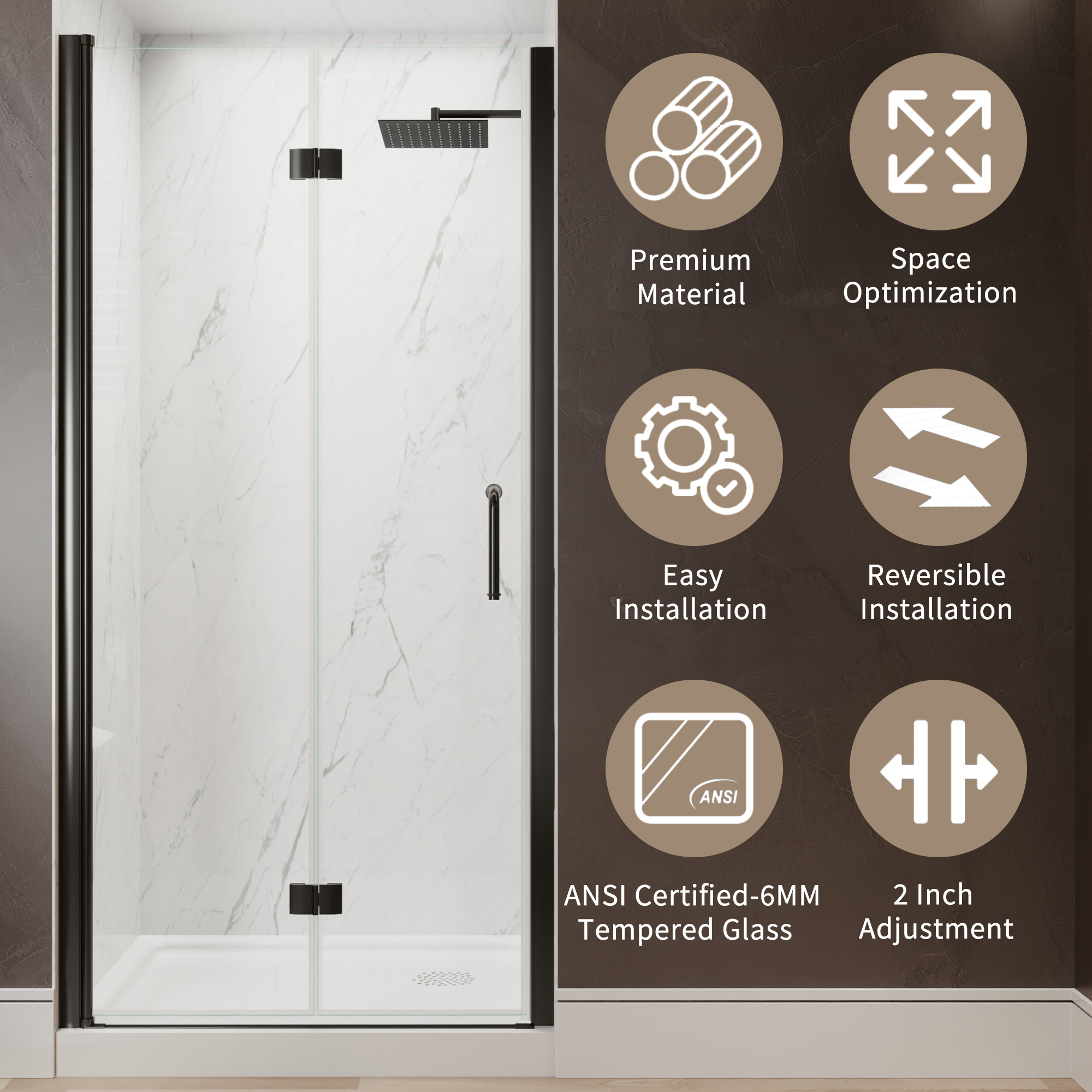 Xspracer 36 to 38 in. W x 72 in. H Bi-Fold Frameless Shower Door in Matte Black with Clear Glass