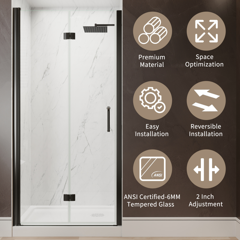 Xspracer 36 to 38 in. W x 72 in. H Bi-Fold Frameless Shower Door in Matte Black with Clear Glass