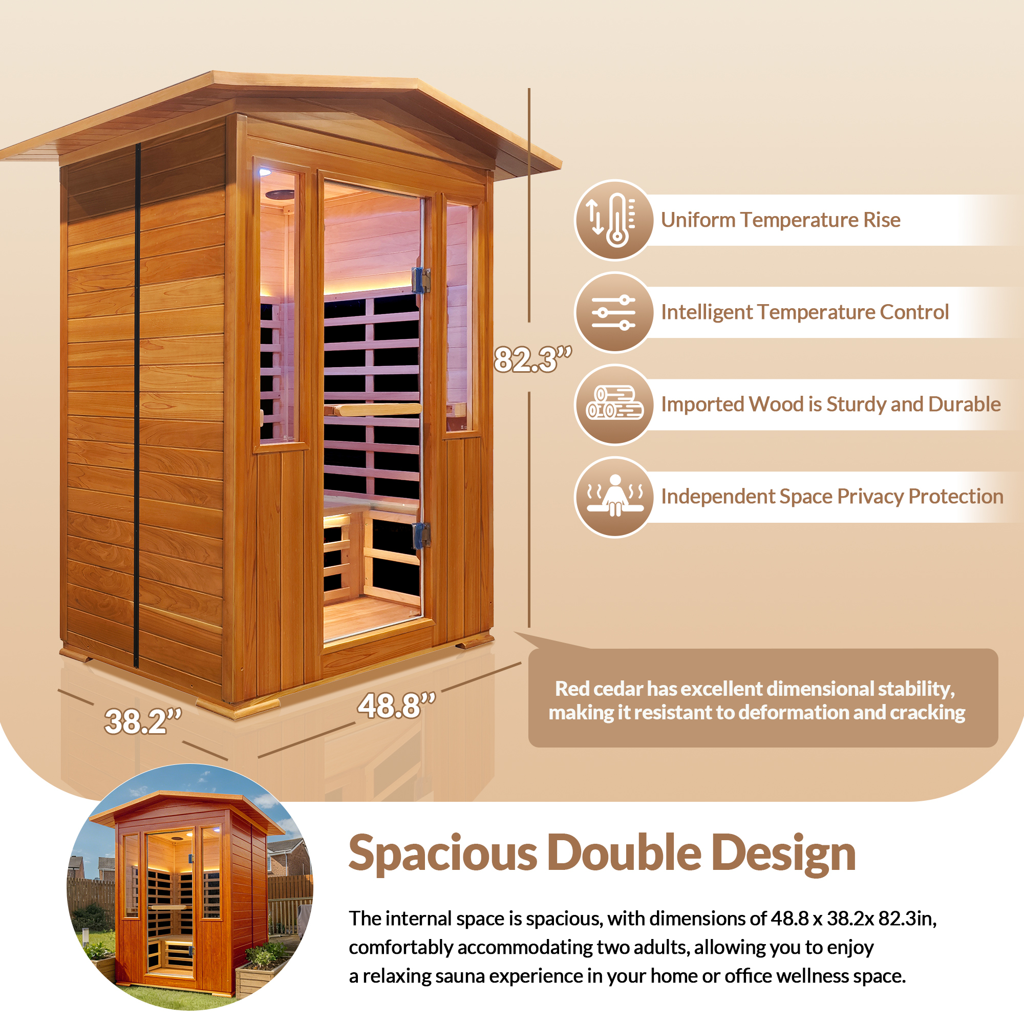 Moray 2-Person Outdoor Infrared Sauna in Red Cedar with Bluetooth Speakers, 9-Heating Panels, 2250W
