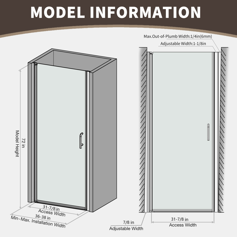 Xspracer 36 to 38 in. W x 72 in. H Pivot Swing Frameless Shower Door in Brushed Nickel with Clear Glass
