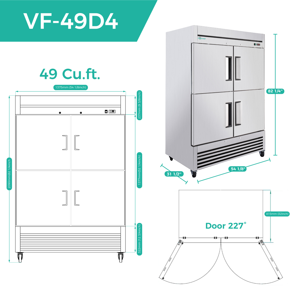 54"Commercial Freezer, 49 Cu.Ft Four-Door Stainless Steel Reach-In Freezer, -8~0℉, Air Cooling, 6 Shelves, R290