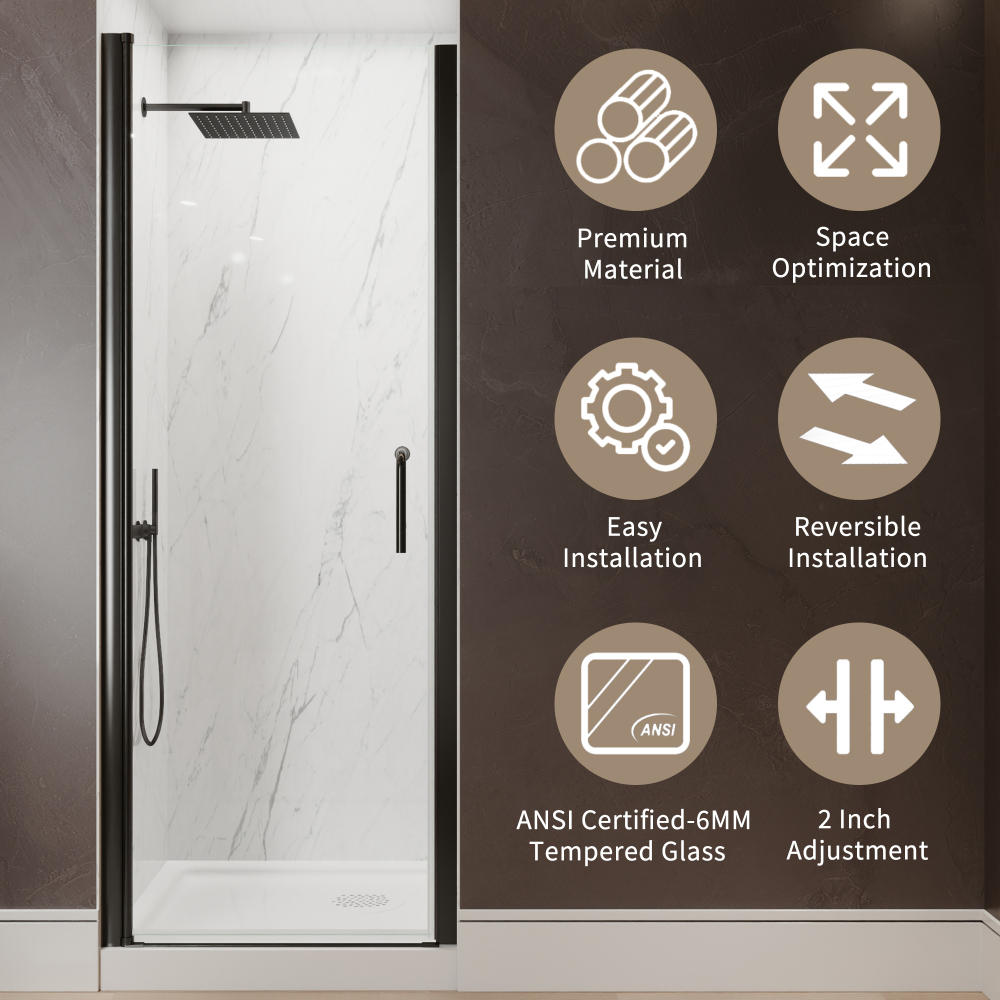 Xspracer 28 to 30 in. W x 72 in. H Pivot Swing Frameless Shower Door in Matte Black with Clear Glass