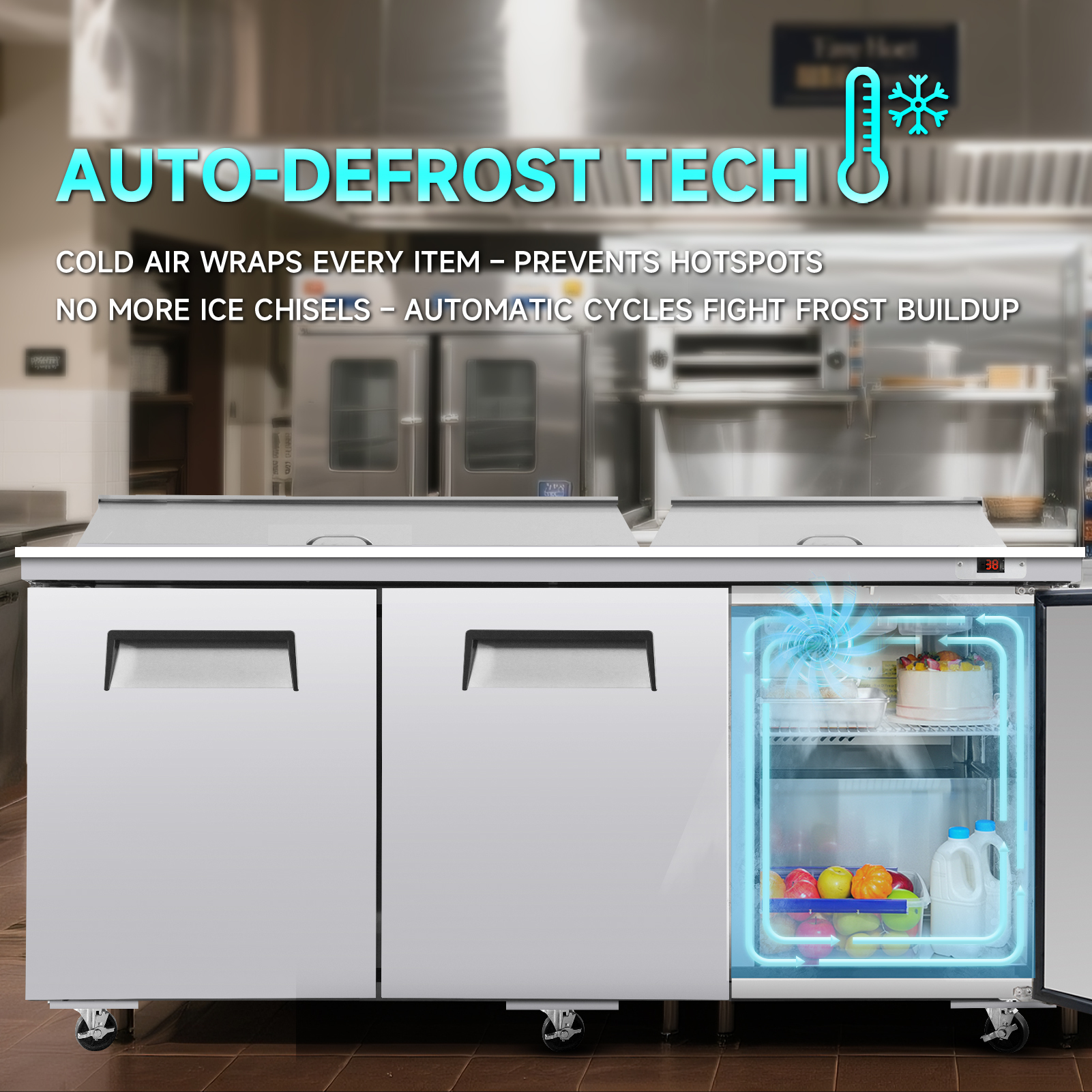 72M IN Commercial Refrigerators Sandwich&Salad Prep Table with a Butcher Block Cutting Board, Protection Lid, Cold Storage, ETL Certified