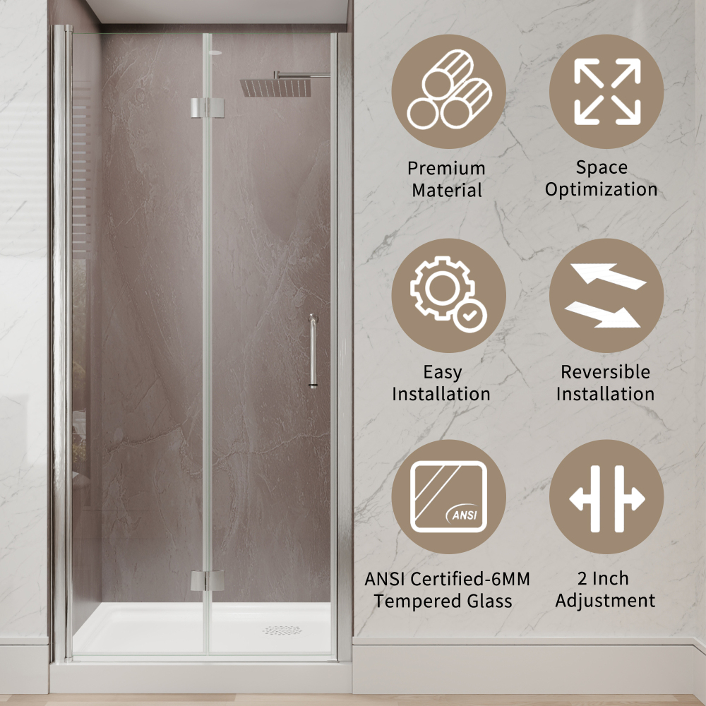 Xspracer 34 to 36 in. W x 72 in. H Bi-Fold Frameless Shower Door in Brushed Nickel with Clear Glass