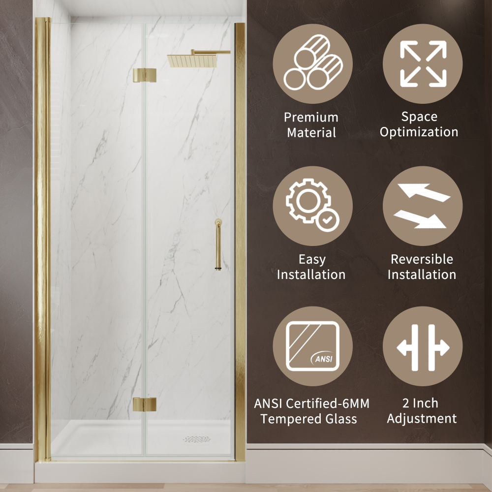 Xspracer 34 to 36 in. W x 72 in. H Bi-Fold Frameless Shower Door in Brushed Gold with Clear Glass