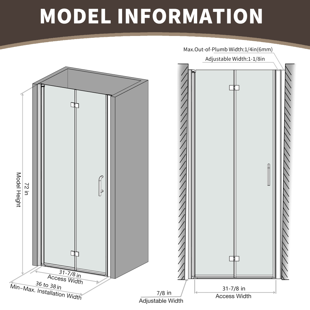 Xspracer 36 to 38 in. W x 72 in. H Bi-Fold Frameless Shower Door in Chrome with Clear Glass