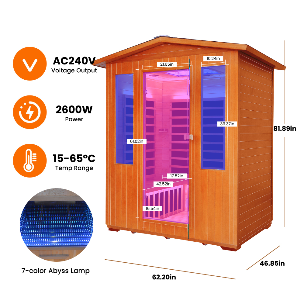 Moray 4-Person Outdoor Infrared Sauna with 11 Far-Infrared Carbon Crystal Heaters, 7-Color Abyss Lamp
