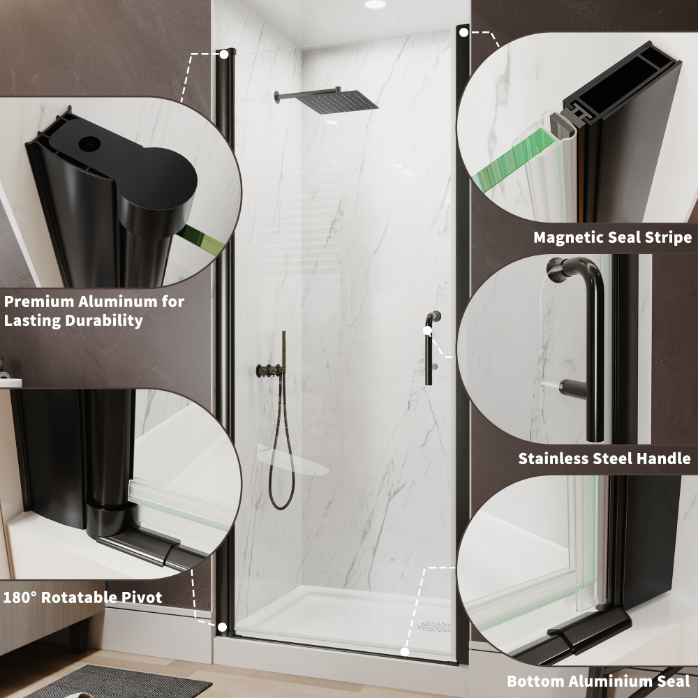 Xspracer 32 to 34 in. W x 72 in. H Pivot Swing Frameless Shower Door in Matte Black with Clear Glass