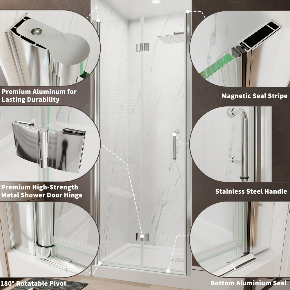Xspracer 30 to 32 in. W x 72 in. H Bi-Fold Frameless Shower Door in Chrome with Clear Glass