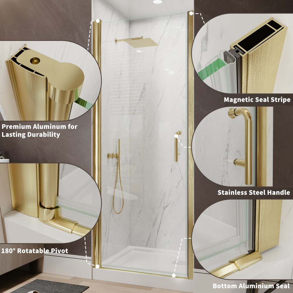 Xspracer 30 to 32 in. W x 72 in. H Pivot Swing Frameless Shower Door in Brushed Gold with Clear Glass