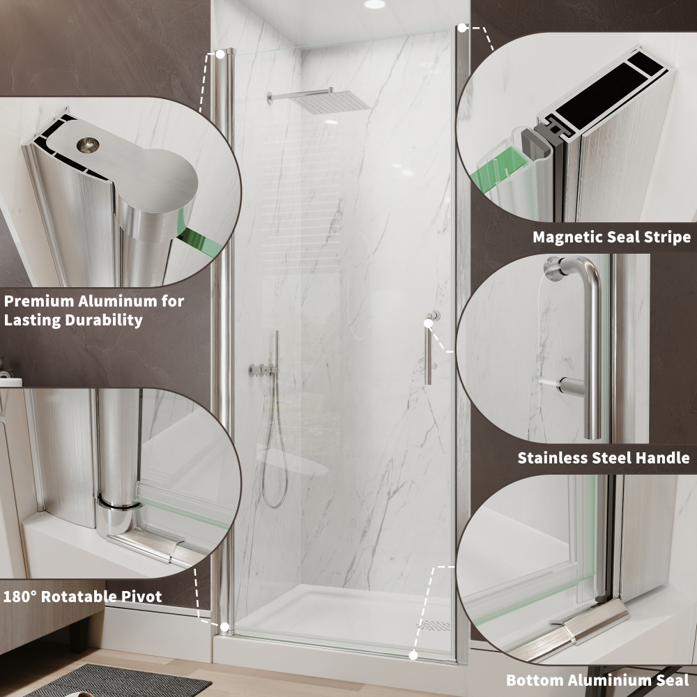 Xspracer 32 to 34 in. W x 72 in. H Pivot Swing Frameless Shower Door in Brushed Nickel with Clear Glass