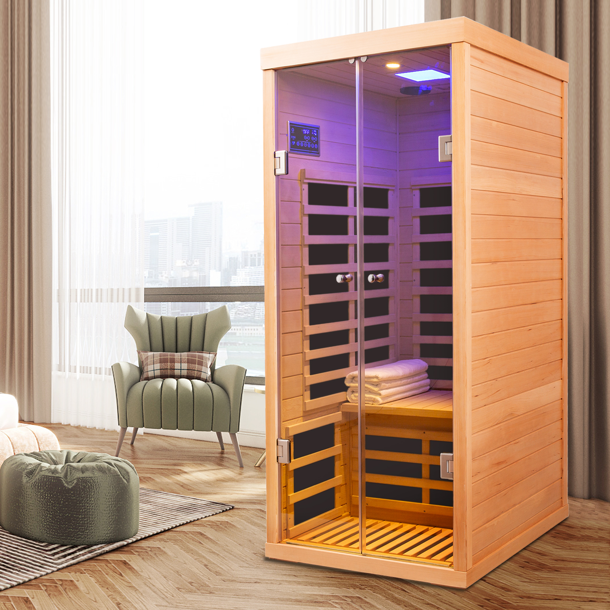 Moray 1-Person Indoor Hemlock Infrared Sauna with 7 Far-Infrared Carbon Crystal Heaters