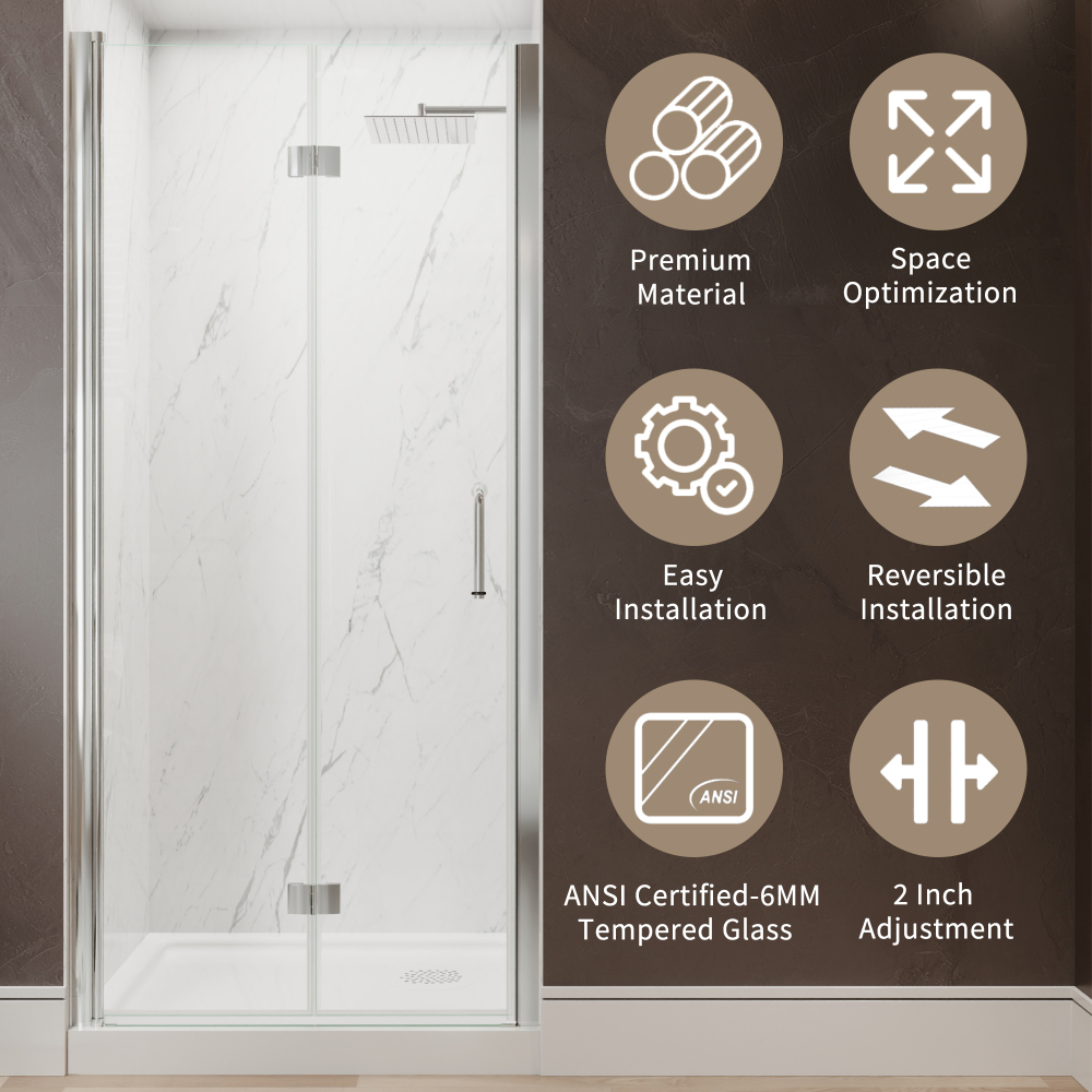 Xspracer 34 to 36 in. W x 72 in. H Bi-Fold Frameless Shower Door in Chrome with Clear Glass