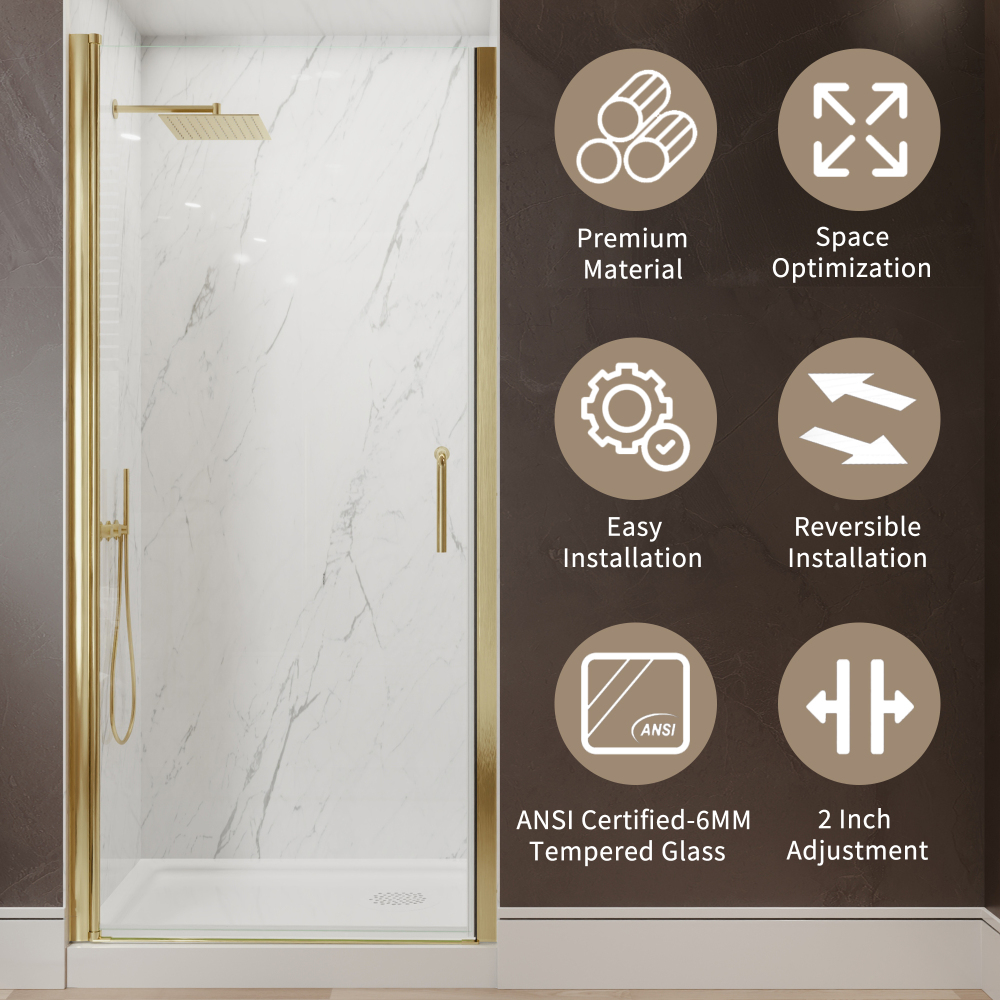 Xspracer 34 to 36 in. W x 72 in. H Pivot Swing Frameless Shower Door in Brushed Gold with Clear Glass