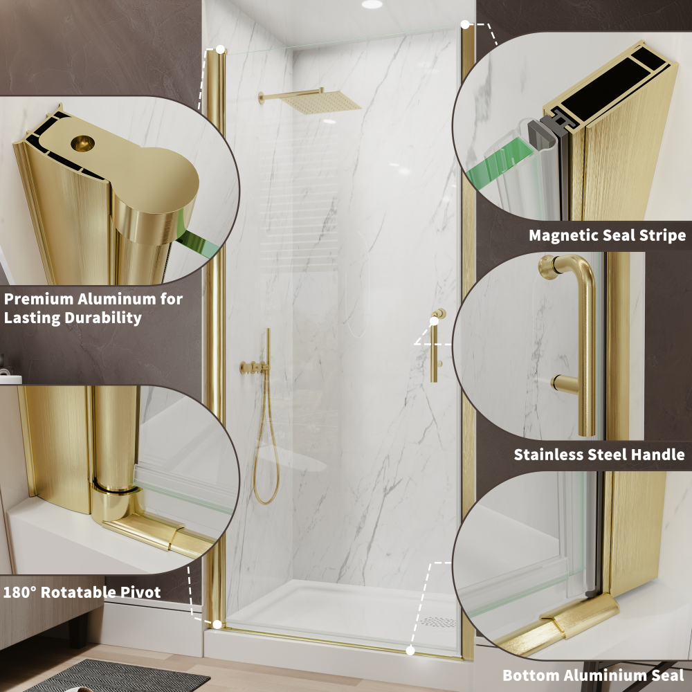 Xspracer 34 to 36 in. W x 72 in. H Pivot Swing Frameless Shower Door in Brushed Gold with Clear Glass