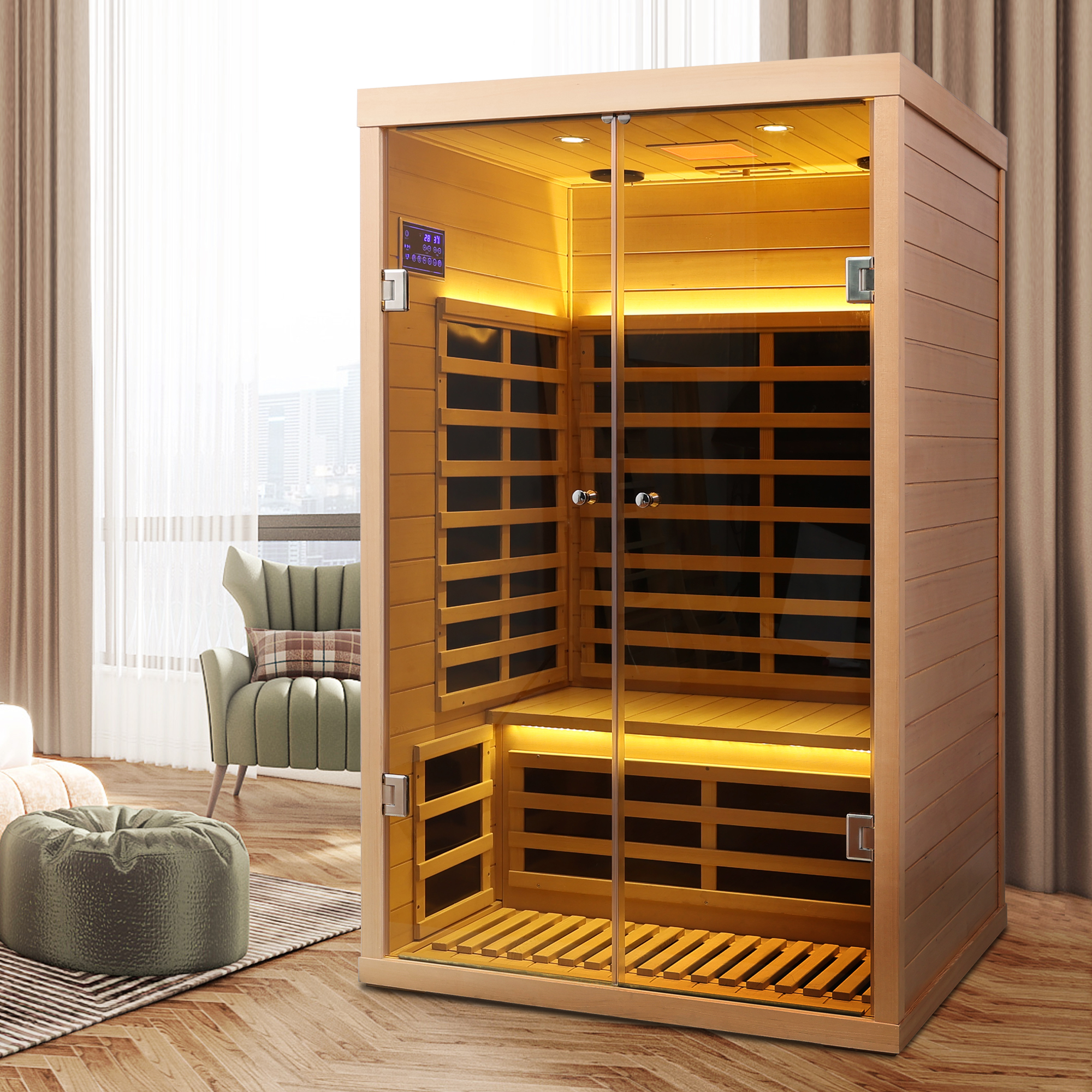 Moray 1-2 Person Indoor Hemlock Infrared Sauna with 7 Far-infrared Carbon Crystal Heaters and Chromotherapy