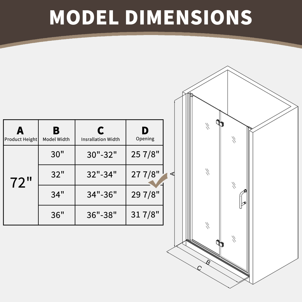 Xspracer 32 to 34 in. W x 72 in. H Bi-Fold Frameless Shower Door in Brushed Nickel with Clear Glass