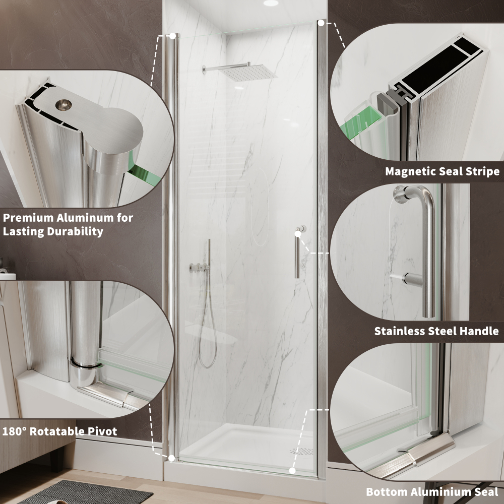 Xspracer 28 to 30 in. W x 72 in. H Pivot Swing Frameless Shower Door in Brushed Nickel with Clear Glass