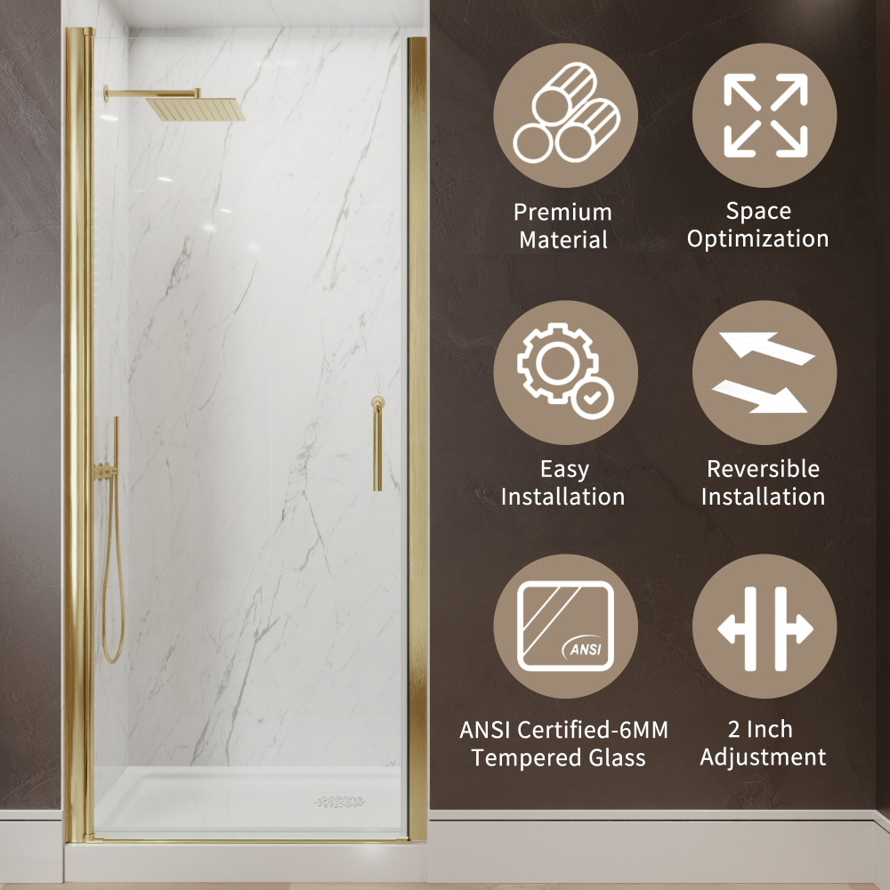 Xspracer 32 to 34 in. W x 72 in. H Pivot Swing Frameless Shower Door in Brushed Gold with Clear Glass
