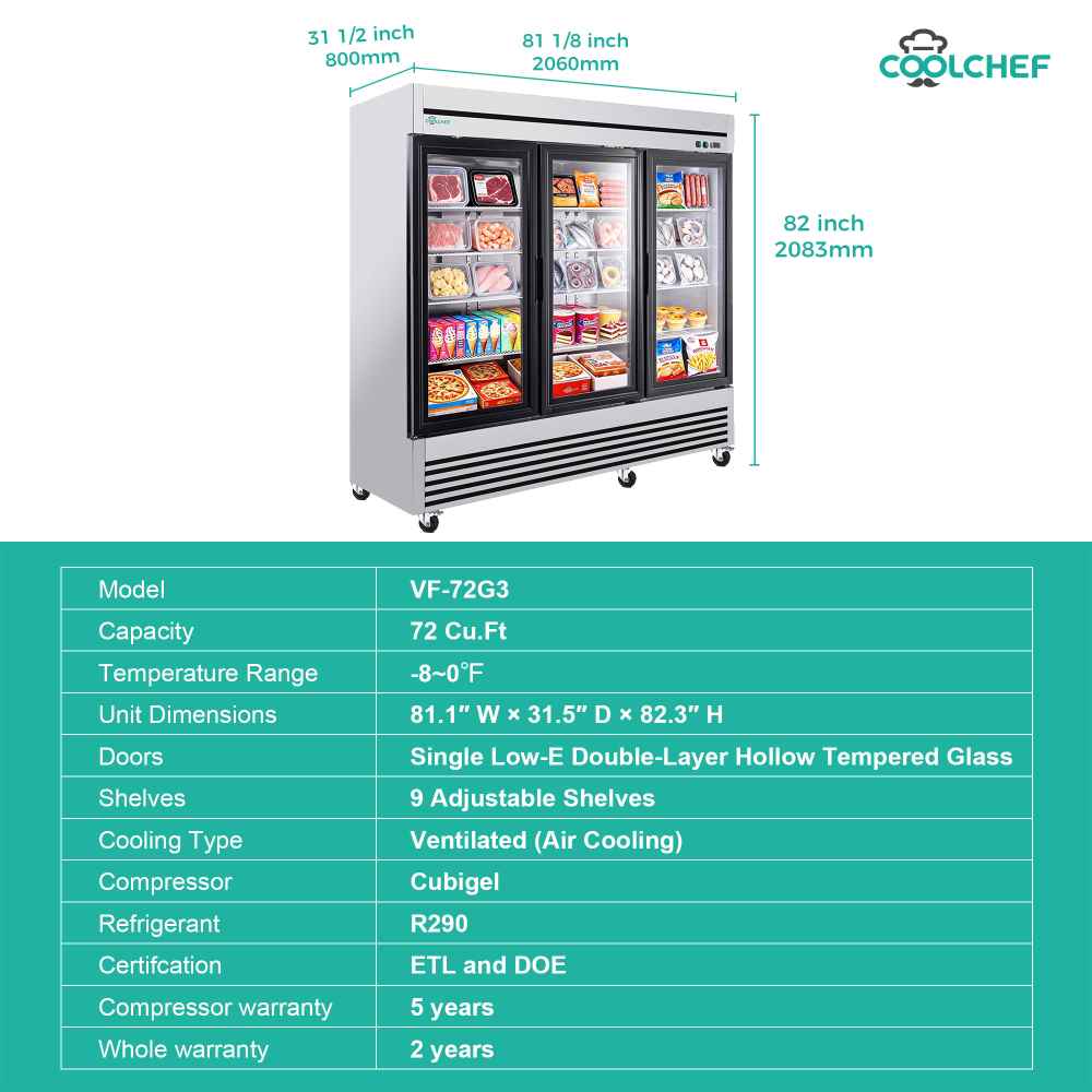 72" Cu Ft Three Glass Door Commercial Reach-In Display Freezer, Triple-Door Upright Deep Freezer -8–0°F, Heated Glass, R290, ETL DOE