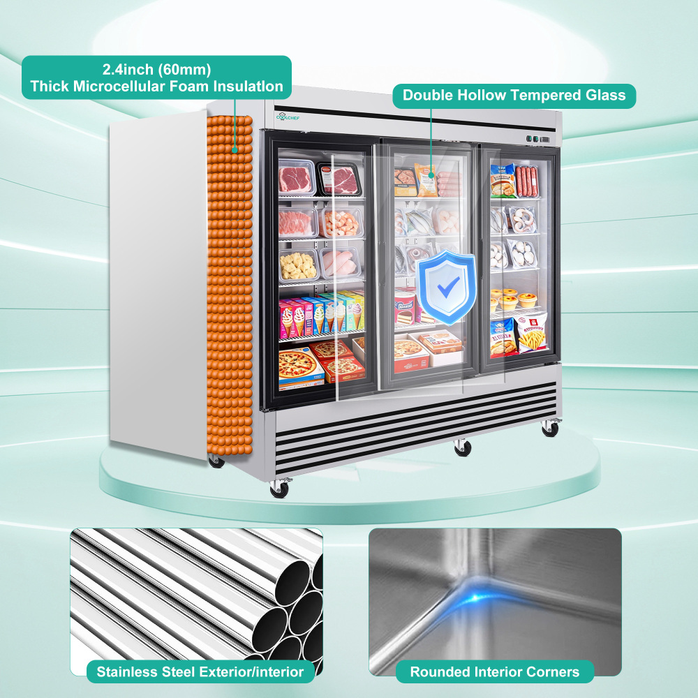 72" Cu Ft Three Glass Door Commercial Reach-In Display Freezer, Triple-Door Upright Deep Freezer -8–0°F, Heated Glass, R290, ETL DOE