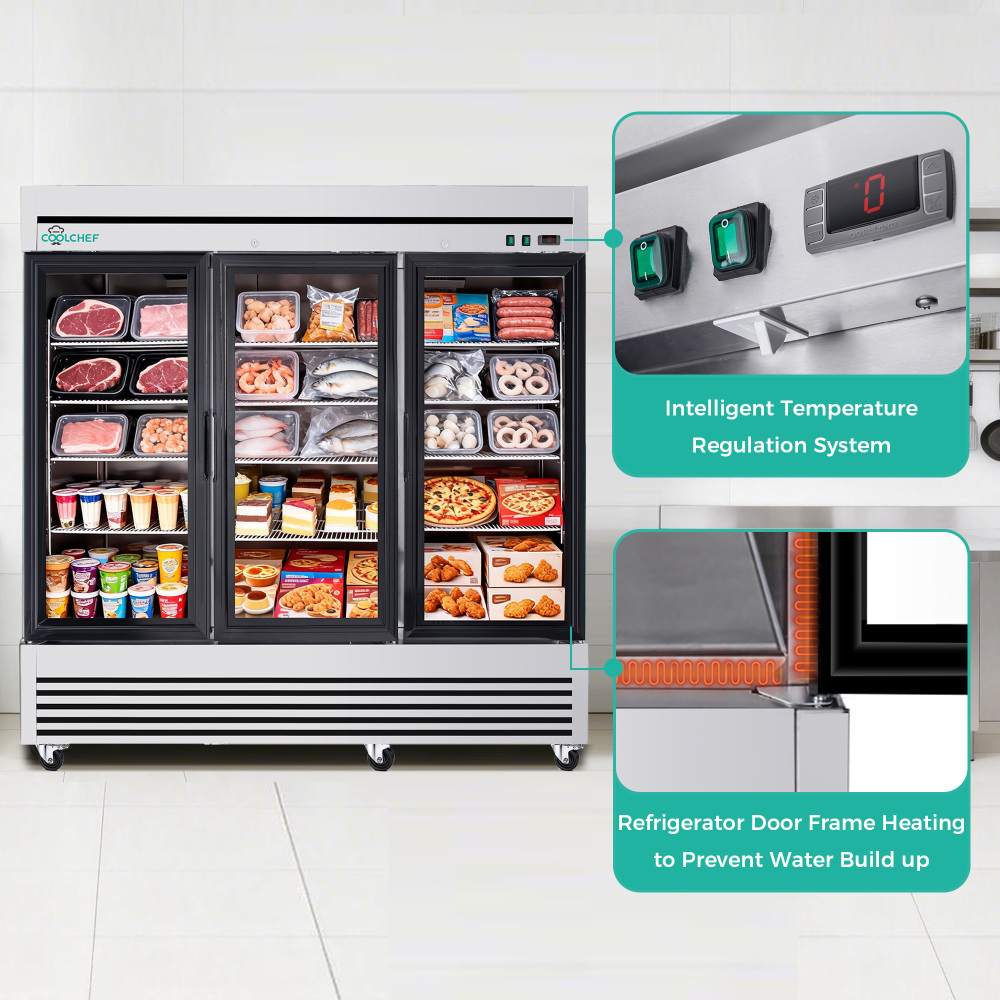 72" Cu Ft Three Glass Door Commercial Reach-In Display Freezer, Triple-Door Upright Deep Freezer -8–0°F, Heated Glass, R290, ETL DOE