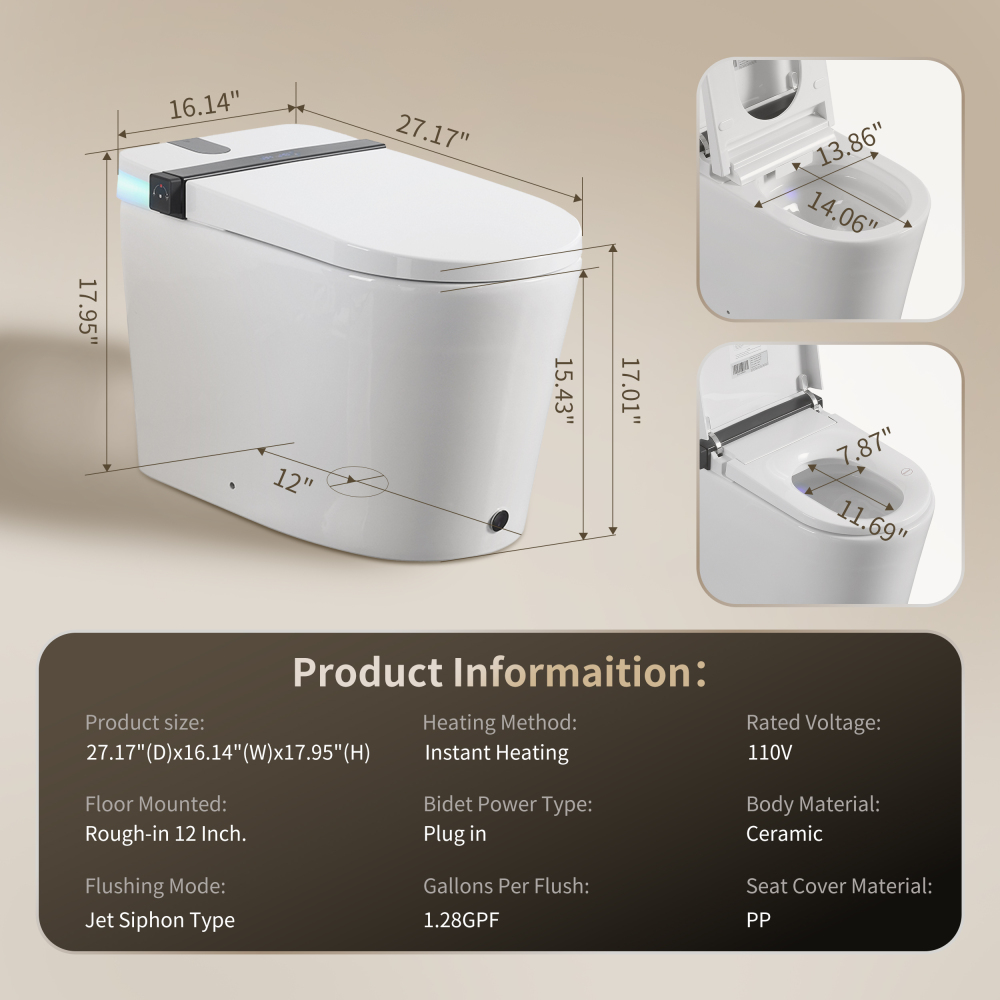 Elongated Smart Bidet Toilet 1.28 GPF in White with Auto Open/Close, Heated Seat, Warm Water Wash, and Dryer