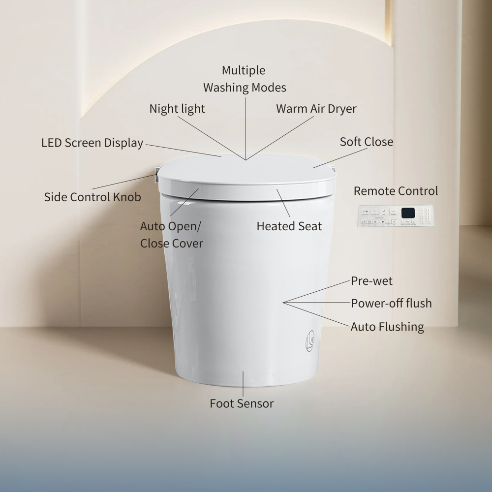 Elongated Smart Bidet Toilet 1.28 GPF in White with Auto Open/Close, Heated Seat, Warm Water Wash, and Dryer