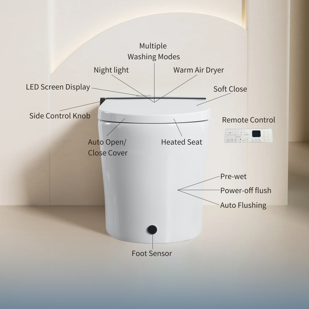 Elongated Smart Bidet Toilet 1.28 GPF in White with Auto Open/Close, Heated Seat, Warm Water Wash, and Dryer