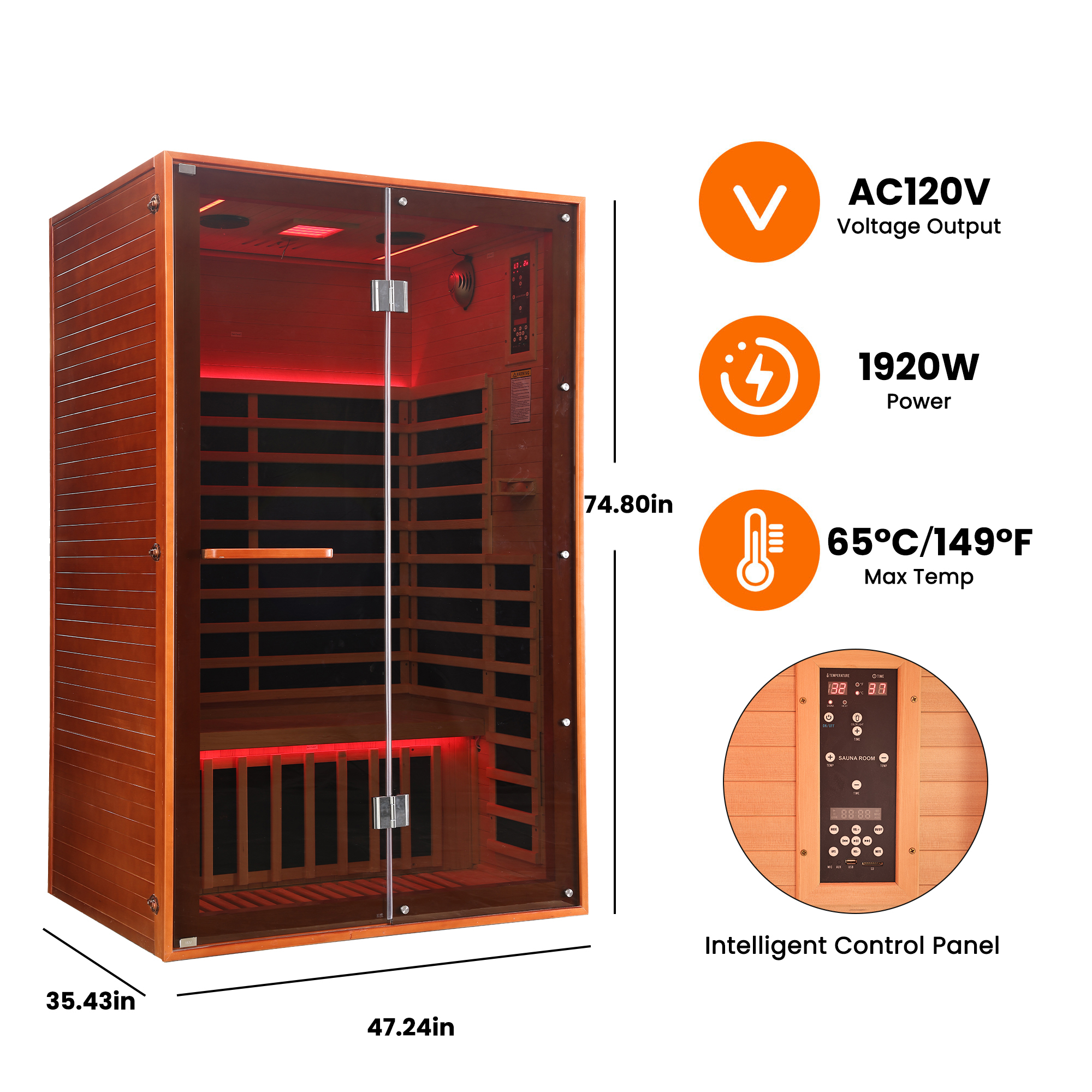 Moray 2-Person Indoor Hemlock Infrared Sauna with 7 Far-Infrared Carbon Crystal Heaters
