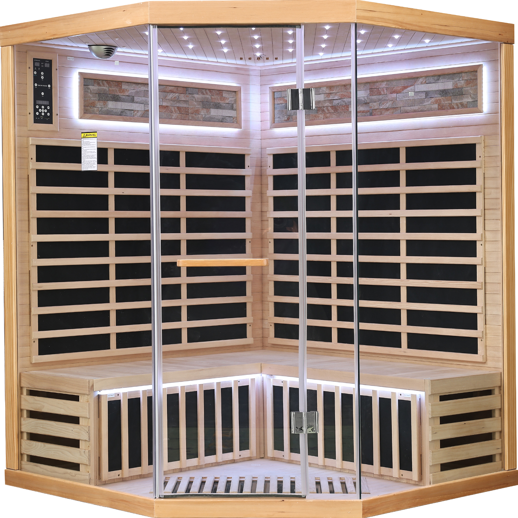 Moray 4-Person Indoor Corner Infrared Sauna in Hemlock with Bluetooth Speakers, LED Lights, 9-Heating Panels, 2595-Watt