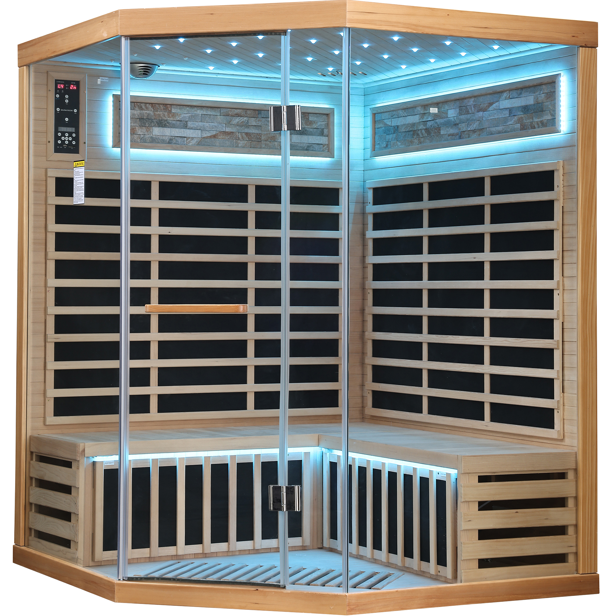 Moray 4-Person Indoor Corner Infrared Sauna in Hemlock with Bluetooth Speakers, LED Lights, 9-Heating Panels, 2595-Watt