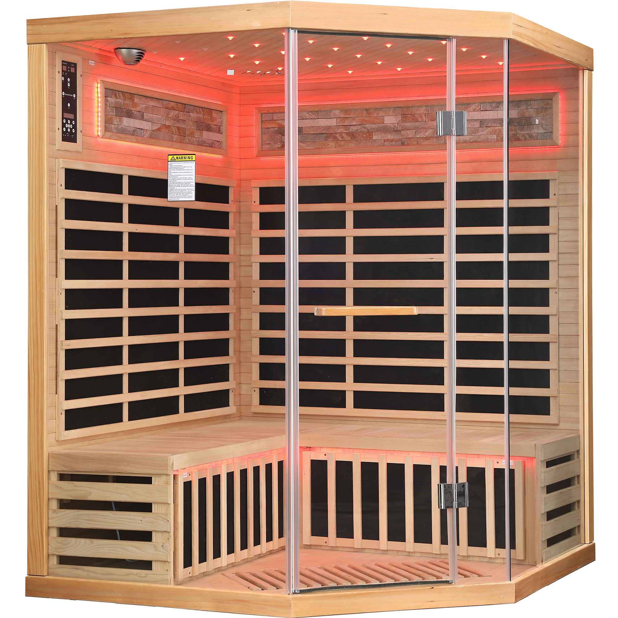 Moray 4-Person Indoor Corner Infrared Sauna in Hemlock with Bluetooth Speakers, LED Lights, 9-Heating Panels, 2595-Watt